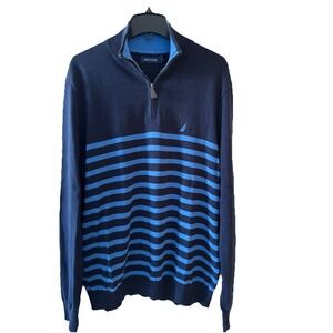 Nautica Men's Sweater Size Large Navy Blue Lt Blue Striped Long‎ Sleeve 1/4 Zip